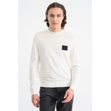 Pulover slim fit din amestec de lana cu aplicatie logo - Crem