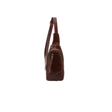 Rucsac de piele cu buzunar frontal cu fermoar si o bareta - Maro