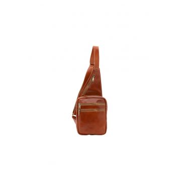 Rucsac de piele cu buzunare multiple si o bareta - Maro cognac