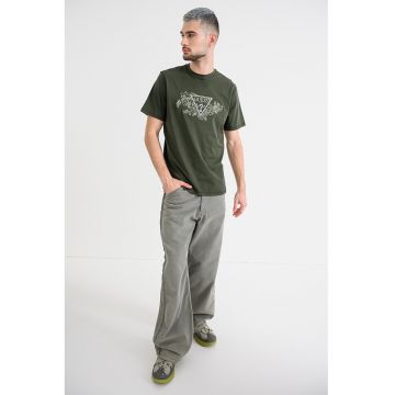 Tricou brodat de bumbac - Kaki inchis