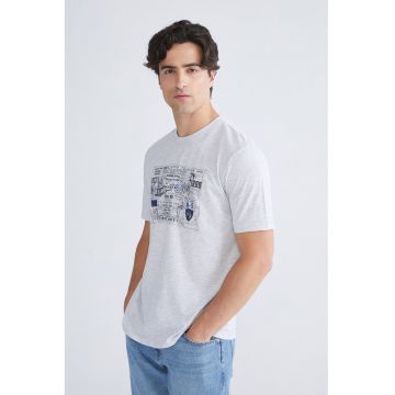 Tricou cu imprimeu grafic pe piept - Gri deschis melange/Albastru