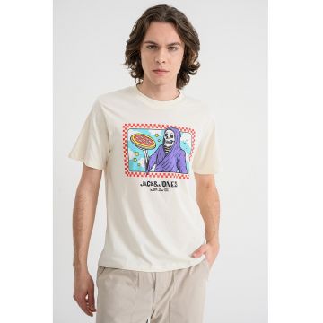 Tricou de bumbac organic cu model cu craniu Holiday - Alb fildes/Turcoaz/Ametist