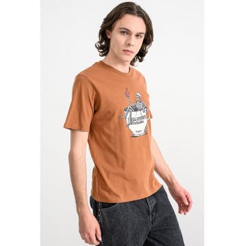 Tricou de bumbac organic cu model cu craniu Holiday - Alb/Negru/Maro scortisoara