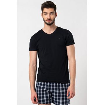 Tricou de casa cu decolteu in V si detaliu logo pe piept - 2 piese - Negru/Alb optic