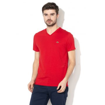 Tricou din bumbac cu decolteu in V - Rosu vermillion