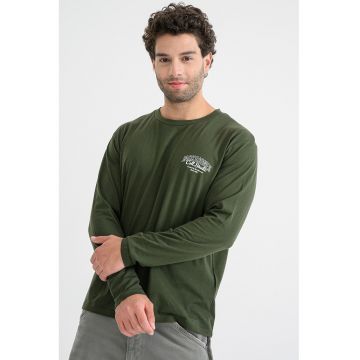 Bluza din bumbac cu decolteu la baza gatului si imprimeu logo - Alb/Verde englez