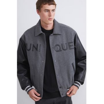 Jacheta varsity cu capse - Negru/Gri inchis melange