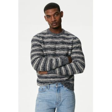 Pulover cu decolteu la baza gatului si model in dungi - Alb/Bleumarin