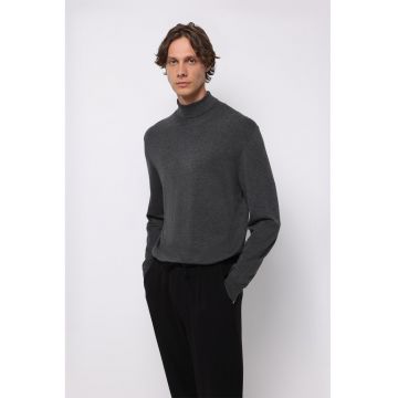 Pulover cu model uni si guler scurt - Gri inchis melange