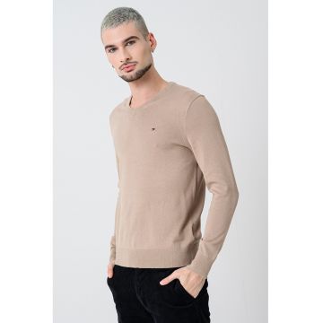Pulover de bumbac cu decolteu in V - Maro taupe