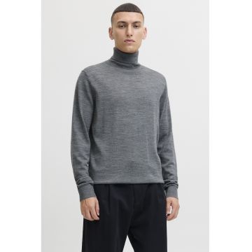 Pulover din lana Merinos cu guler inalt - Gri melange