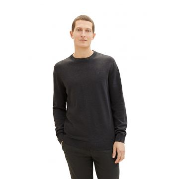 Pulover tricotat fin cu decolteu la baza gatului - Negru melange