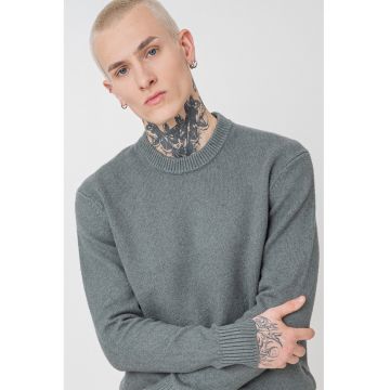 Pulover uni din amestec de bumbac cu decolteu la baza gatului - Verde aquamarin