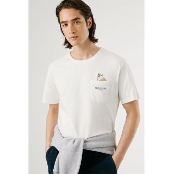 Tricou cu decolteu la baza gatului si buzunar pe piept - Alb murdar