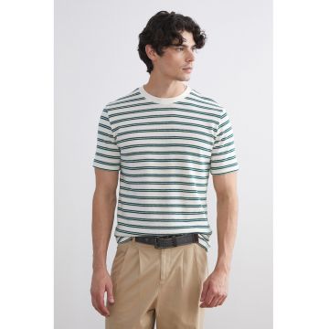 Tricou cu decolteu la baza gatului si dungi - Alb/Verde