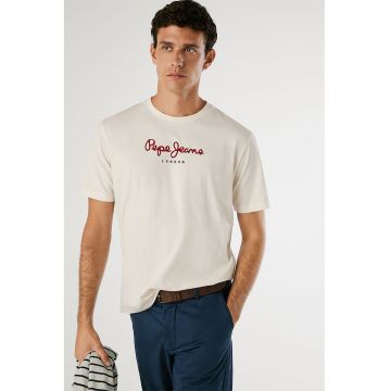 Tricou cu decolteu la baza gatului si logo - Alb fildes/Verde inchis