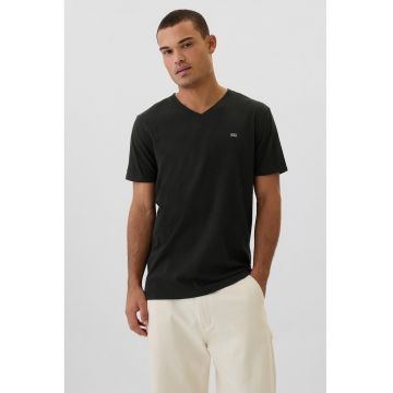 Tricou de bumbac cu decolteu in V - Negru