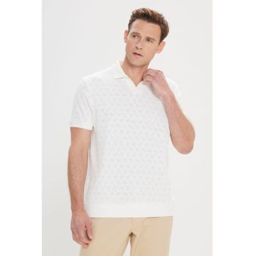 Tricou din amestec de bumbac cu aspect perforat - Alb