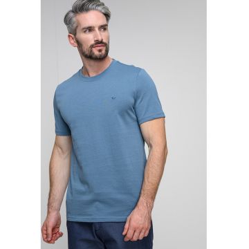 Tricou din bumbac cu broderie logo discreta Austin - Albastru prafuit