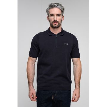 Tricou polo din tricot cu fenta cu fermoar - Albastru ultramarin