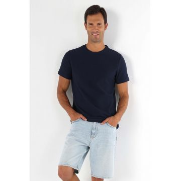 Tricou regular-fit uni cu decolteu la baza gatului - Bleumarin