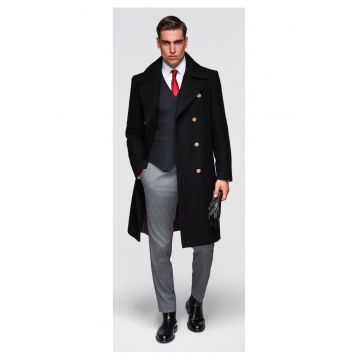 Palton militar elegant din lana cu doua randuri de nasturi  OM-COWC-0145 - Negru