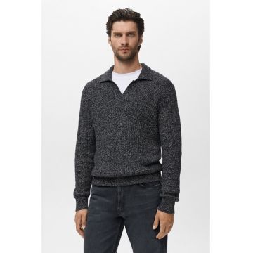 Pulover din bumbac cu decolteu in V - Gri inchis melange