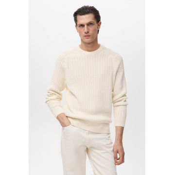 Pulover din bumbac cu decolteu la baza gatului - Alb fildes
