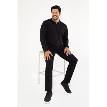 Pulover polo cu fenta cu nasturi - Negru