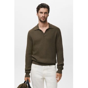 Pulover tricotat cu decolteu in V - Verde masliniu