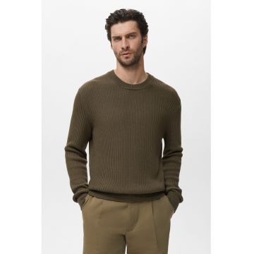 Pulover tricotat cu decolteu la baza gatului - Kaki inchis