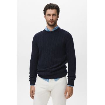 Pulover tricotat din lana cu decolteu la baza gatului - Bleumarin