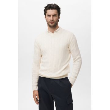 Pulover tricotat din lana cu decolteu la baza gatului - Crem
