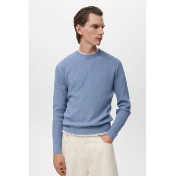 Pulover tricotat fin din bumbac cu striatii - Albastru prafuit