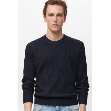 Pulover tricotat fin din bumbac cu striatii - Bleumarin