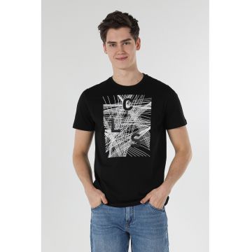 Tricou cu decolteu la baza gatului si imprimeu - Alb/Negru