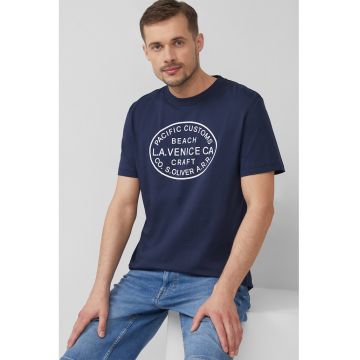 Tricou cu decolteu la baza gatului si imprimeu text - Albastru ultramarin/Alb murdar