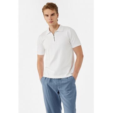 Tricou polo cu fermoar scurt - Alb optic