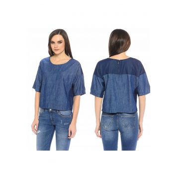 Bluza Dama -  Doua Culori - S - Bumbac - Zilnic - Croi Regular - Fara Buzunare - Design Atemporal - Calitate Superioara - Confortabil - Albastru