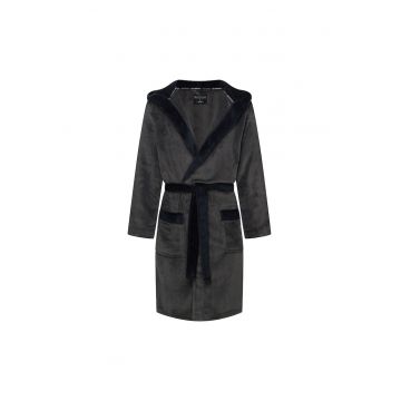 Halat de baie barbati -  gri - maneca lunga - poliester - cu gluga