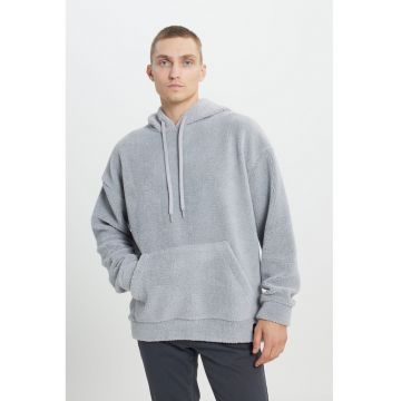 Hanorac supradimensionat din material teddy cu snururi de ajustare - Gri melange