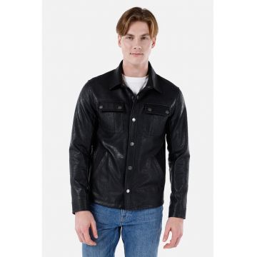 Jacheta de piele ecologica cu buzunare cu clapa - Negru