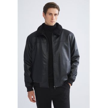 Jacheta de piele ecologica cu fermoar - Negru