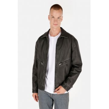 Jacheta din piele ecologica cu fermoar - Gri antracit