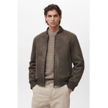 Jacheta din piele intoarsa ecologica cu fermoar - Maro inchis