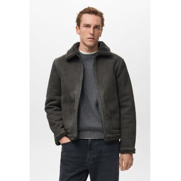 Jacheta din piele intoarsa sintetica cu fermoar - Gri inchis