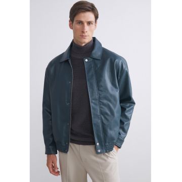 Jacheta regular fit de piele ecologica - Albastru petrol