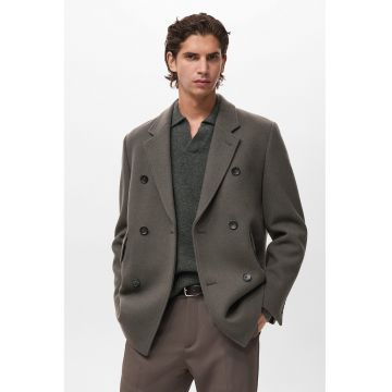 Palton din amestec de lana cu doua randuri de nasturi - Gri inchis