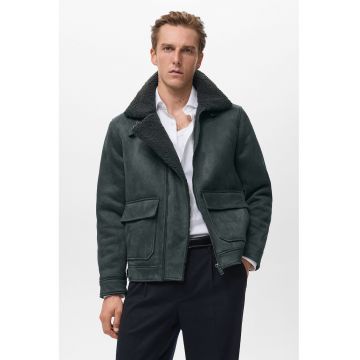 Palton din piele ecologica cu buzunare cu clapa - Verde englez