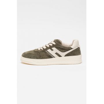 Patofi sport H630 din piele intoarsa cu garnitura cu monograma din piele - Gri/Alb murdar